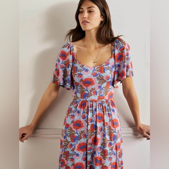 Boden Smock Detail Jersey Maxi Dress, Dusty Blue Terrace Bud, Size 10 - Picture 2 of 11